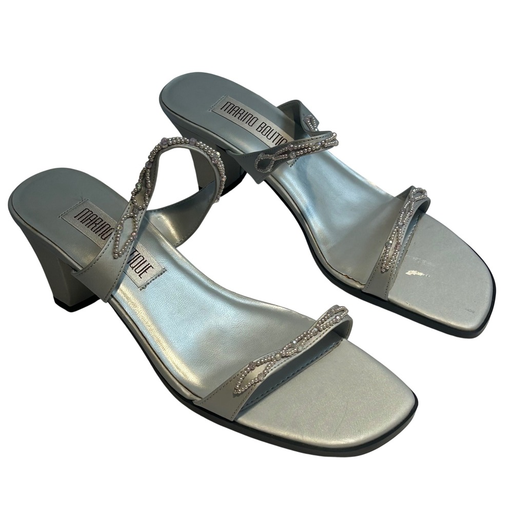Marino Boutique Pedigree-2 Silver Beaded Shantung Block Heel Sandals 9W Wide